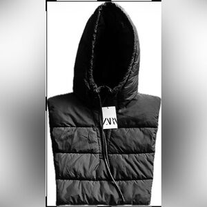 🆕 Zara Sz M Black Hooded Puffer Dickey /Bib Quilted